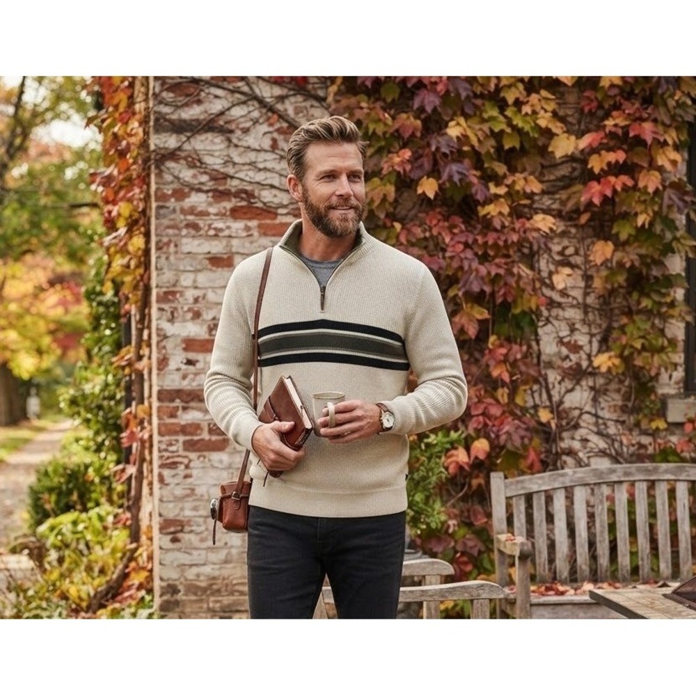 Eddie Bauer Mens Large Beige Sweater Ribbed Striped Quarter Zip Cotton Outdoors